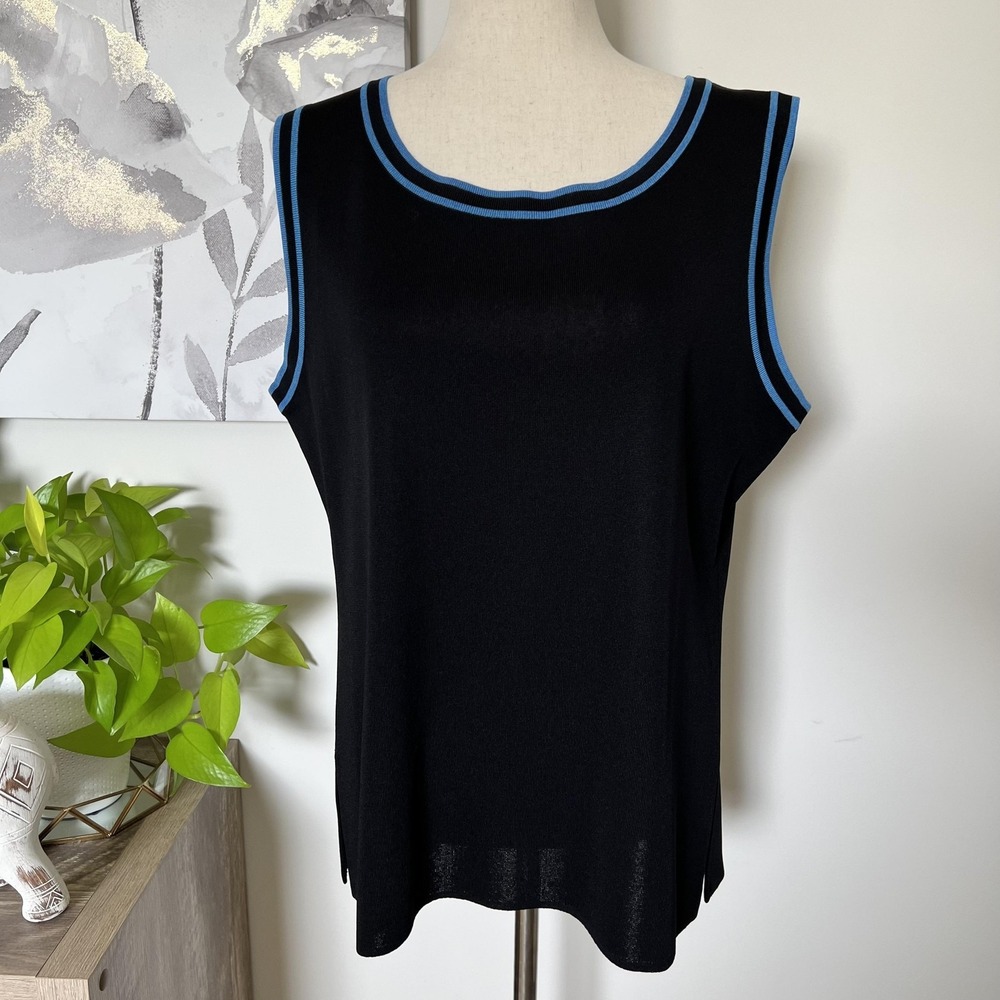 Misook Tank Top Womens XL Black Knit Scoop Neck Blue Trim Sleeveless Minimalist